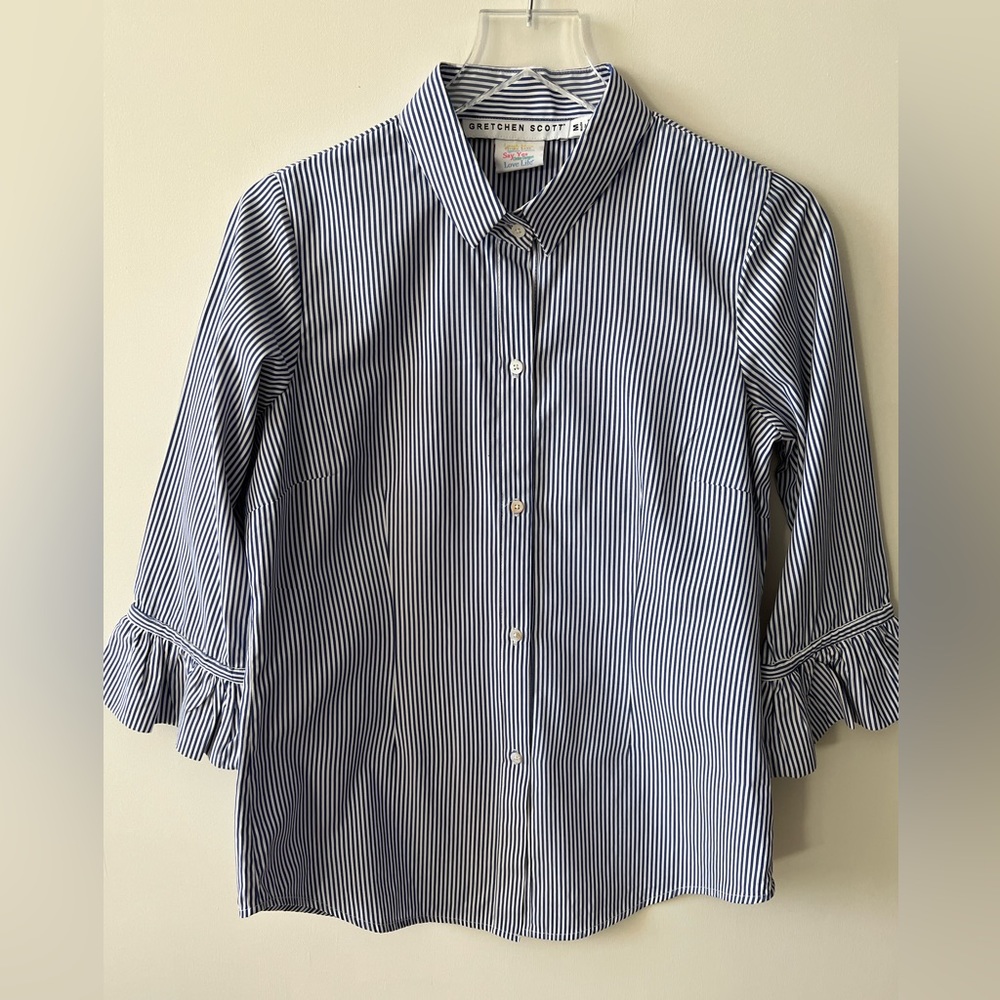 Gretchen Scott Priss Navy/White Pin Stripe Ruffled Cuff Blouse size Med